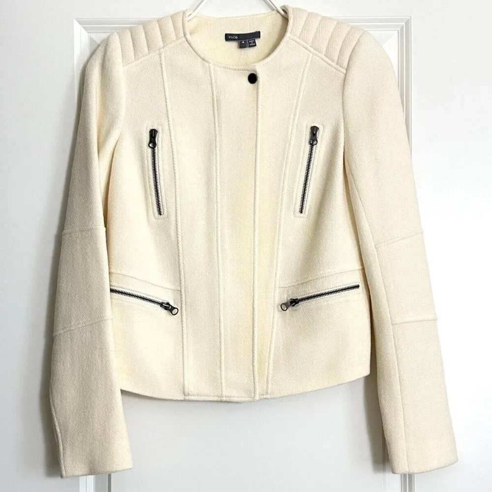 Women's NWT VINCE Wool Blend Moto Jacket in Off-White Size 4
